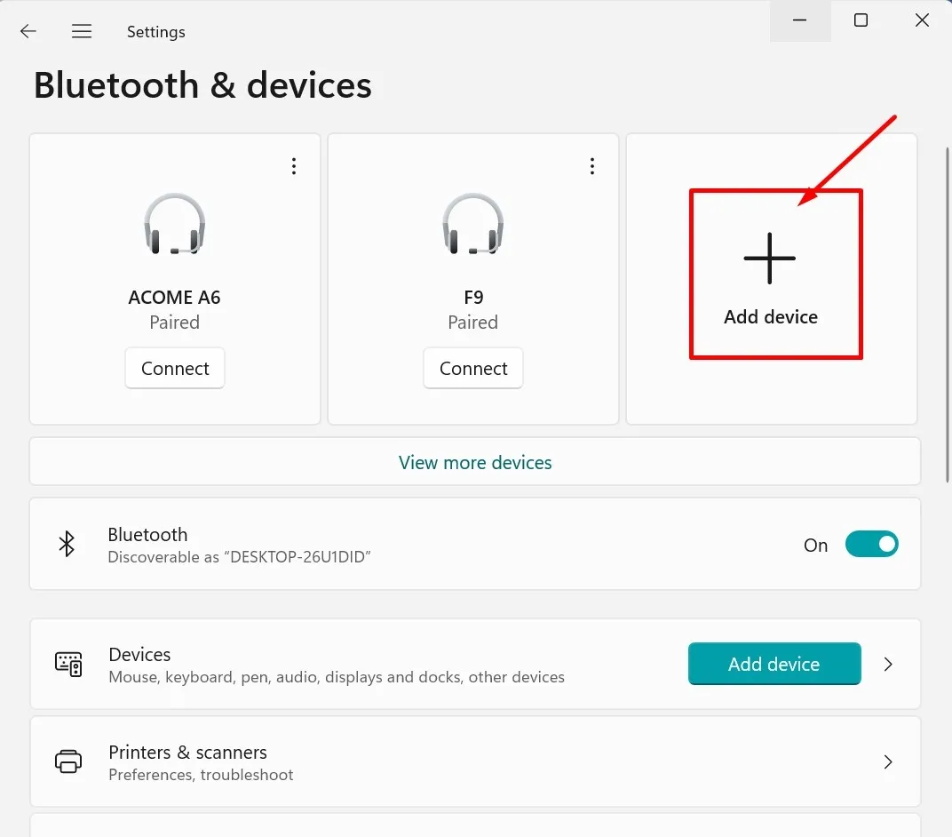 Giao diện Bluetooth & Devices trong hộp thoại Windows Settings của Windows 11, nơi bạn có thể thêm mới thiết bị âm thanh