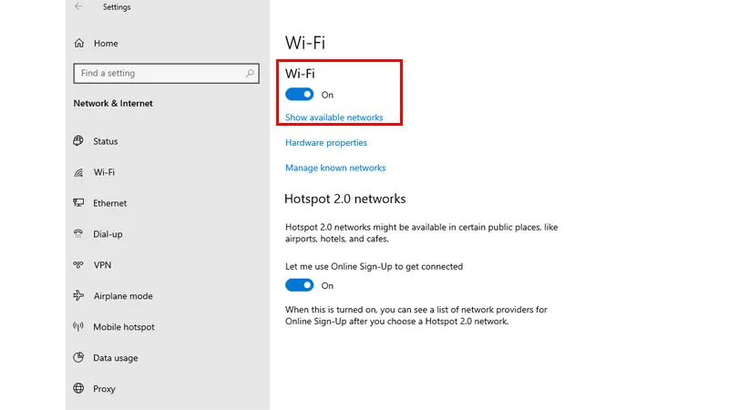 Bước 2: Bật WiFi và chọn Show available networks để xem danh sách mạng khả dụng