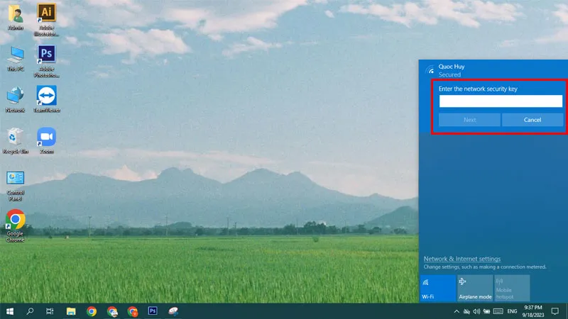 Bước 3: Hộp thoại nhập mật khẩu mạng WiFi xuất hiện để hoàn tất việc kết nối máy tính bàn
