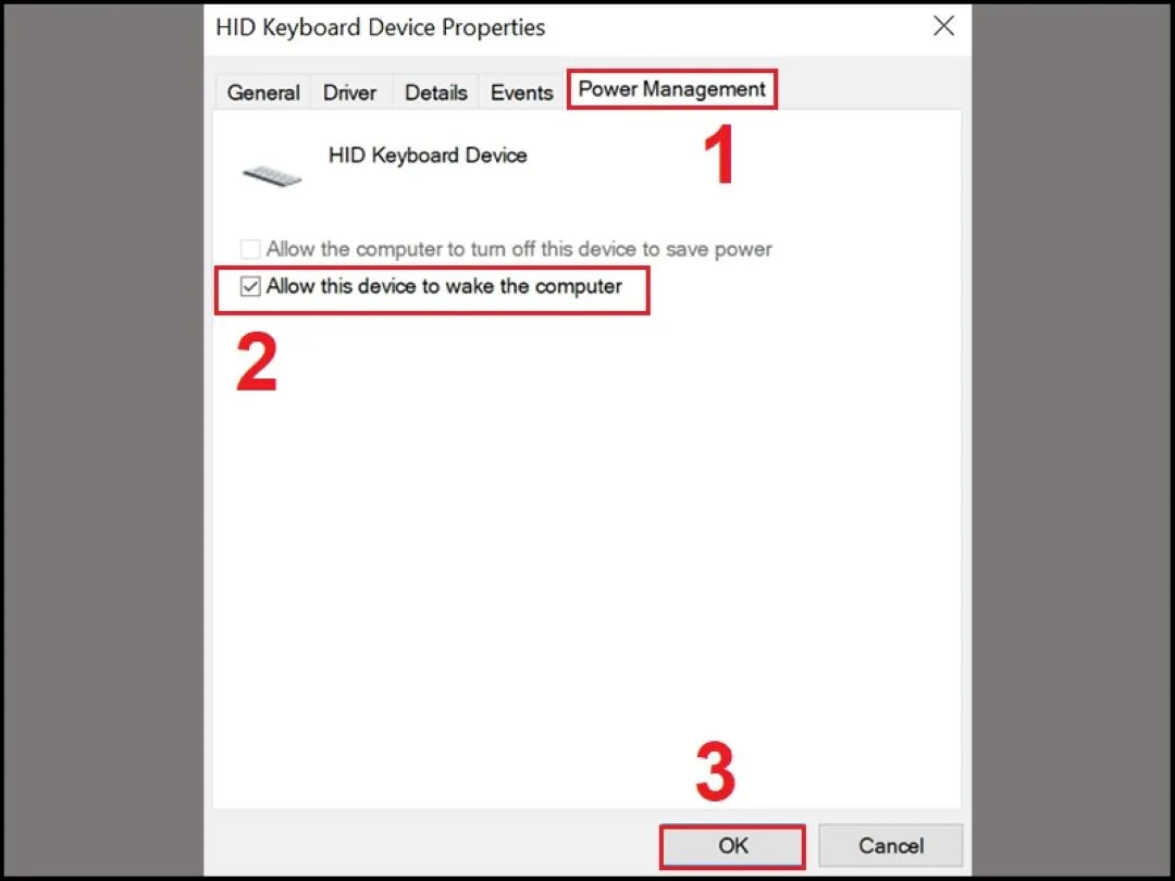 Thiết lập tùy chọn Power Management để cho phép chuột và bàn phím đánh thức laptop từ chế độ ngủ
