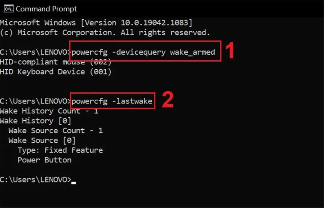 Thực thi lệnh powercfg –lastwake trong Command Prompt để xác định sự kiện đánh thức gần nhất