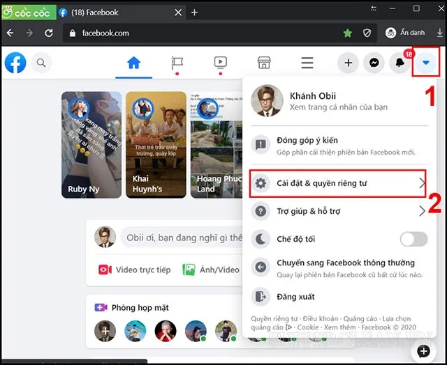 Giao diện cài đặt và quyền riêng tư, bước đầu tiên để thực hiện cách khóa fb trên máy tính hiệu quả