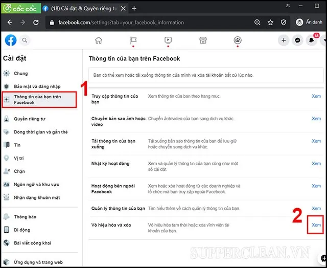 Vô hiệu hóa hoặc xóa: Chọn mục Thông tin của bạn trên Facebook để tiếp tục quy trình khóa tài khoản