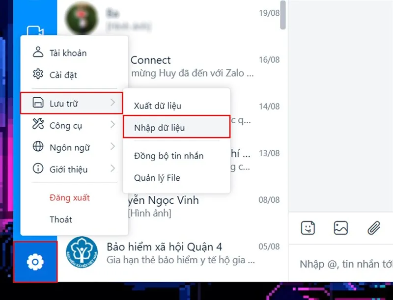 Thao tác chọn Nhập dữ liệu trong mục Lưu trữ và Sao lưu để khôi phục tin nhắn Zalo