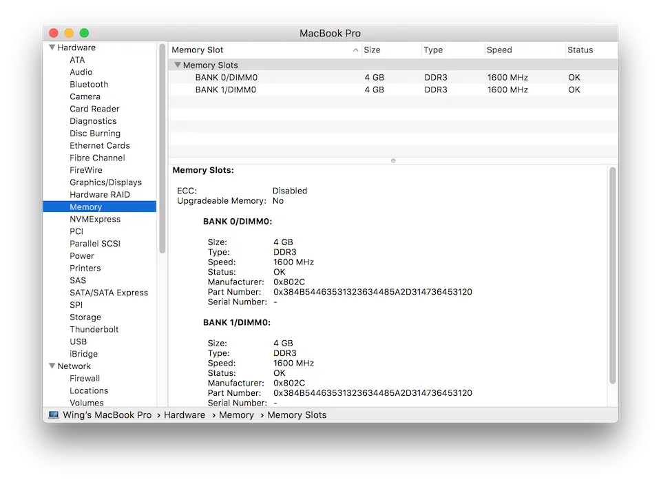 Bảng System Information macOS chi tiết về các khe cắm (Slot) và tình trạng bộ nhớ RAM