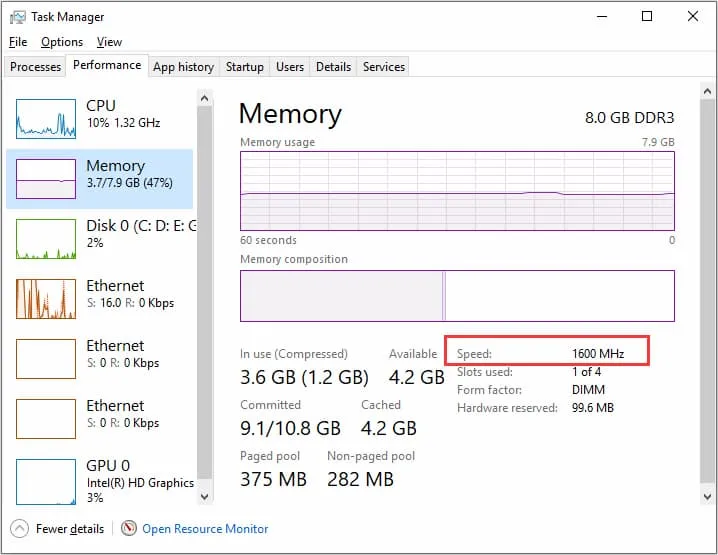Kiểm tra tốc độ bus RAM và thông tin khe cắm qua Task Manager