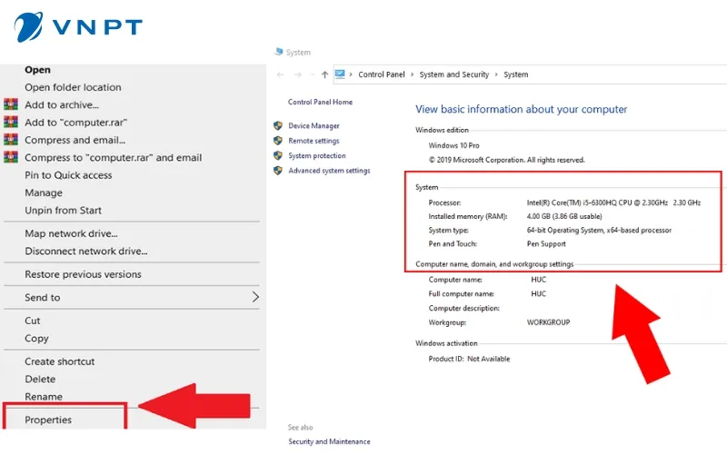 Phải chuột tại This PC và chọn Properties, tại đây bạn có thể xem thông tin CPU và RAM