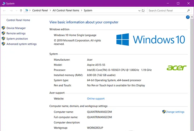 Màn hình hiển thị System Properties cơ bản sau khi thực hiện hướng dẫn cách kiểm tra cấu hình máy tính bằng chuột phải vào This PC.
