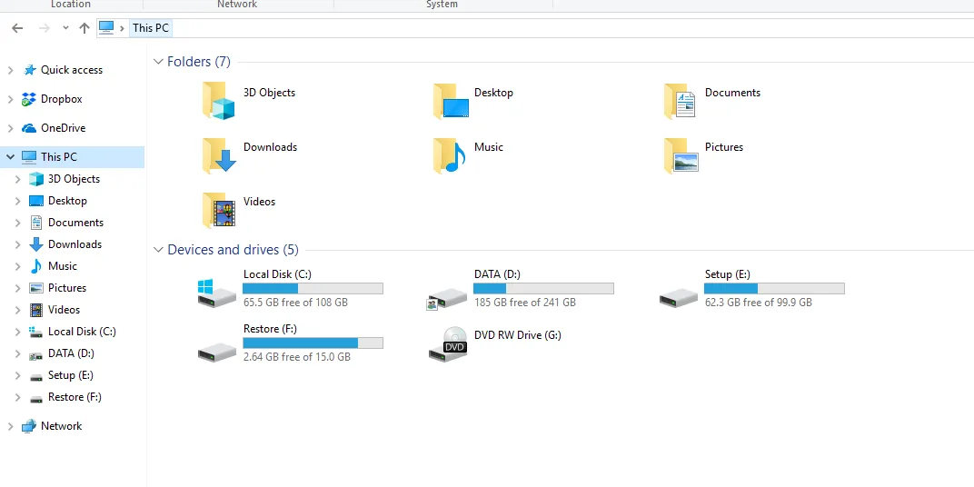 Giao diện File Explorer hiển thị dung lượng còn trống của các ổ đĩa