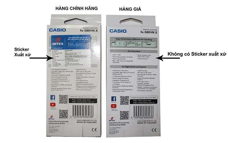 So sánh chi tiết phông chữ và màu sắc của máy Casio chính hãng