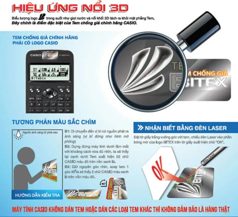 Sử dụng tia laser để kiểm tra tem chống giả 3D trên Casio