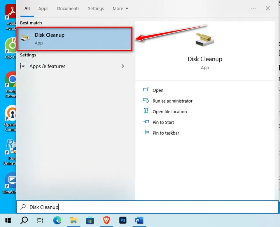 Giao diện tìm kiếm công cụ Disk Cleanup trên Windows 10