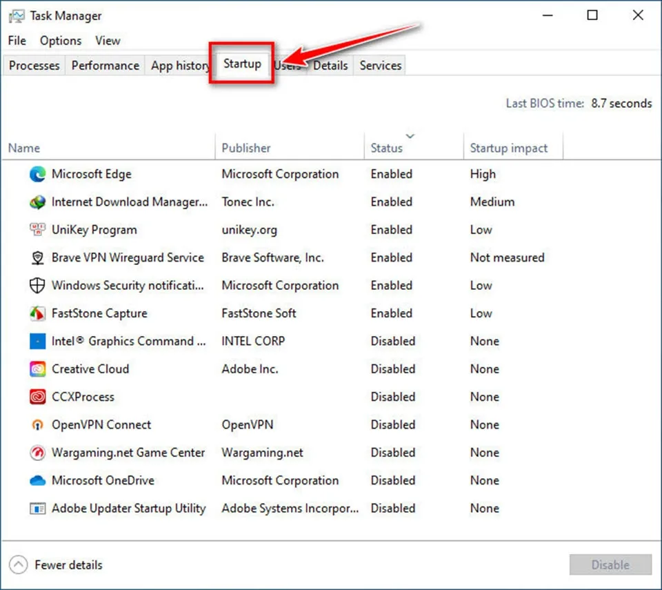 Giao diện Task Manager, tab Startup, hiển thị các chương trình khởi động