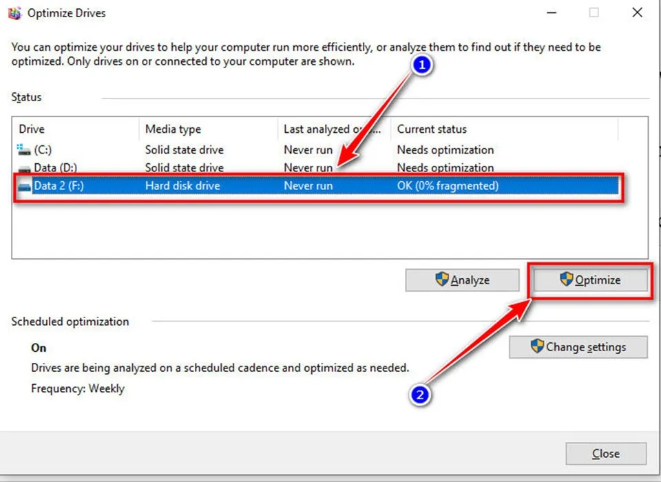 Giao diện công cụ Defragment and Optimize Drives, lựa chọn ổ đĩa để tối ưu