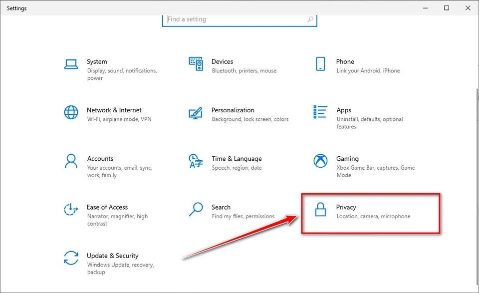 Giao diện Settings trên Windows 10, tìm kiếm mục Privacy