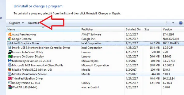 Danh sách các chương trình đã cài đặt để gỡ bỏ