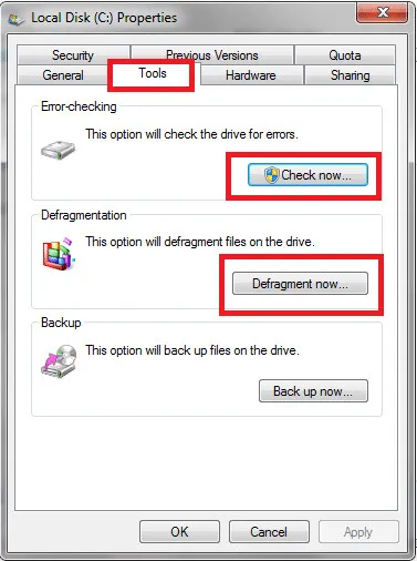 Tab Tools trong Drive Properties chứa công cụ chống phân mảnh và kiểm tra lỗi