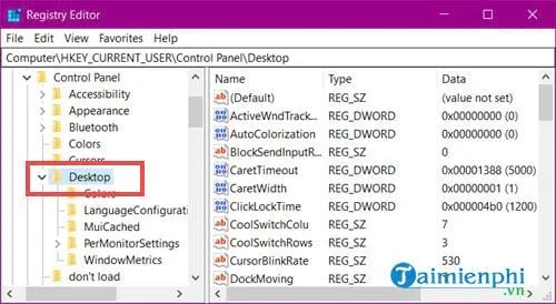 Điều hướng đến khóa Registry HKEY_CURRENT_USERControl PanelDesktop