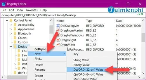 Tạo giá trị DWORD (32-bit) Value mới trong thư mục Desktop