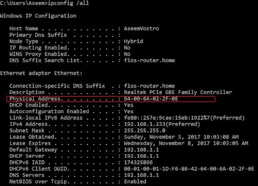 Kết quả hiển thị lệnh ipconfig all trong Command Prompt, làm rõ vị trí của Physical Address để lấy địa chỉ MAC của máy tính Windows 7.