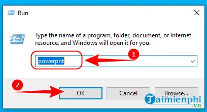 Nhập lệnh 'powerpnt' vào hộp thoại Run để khởi động ứng dụng powerpoint trên máy tính