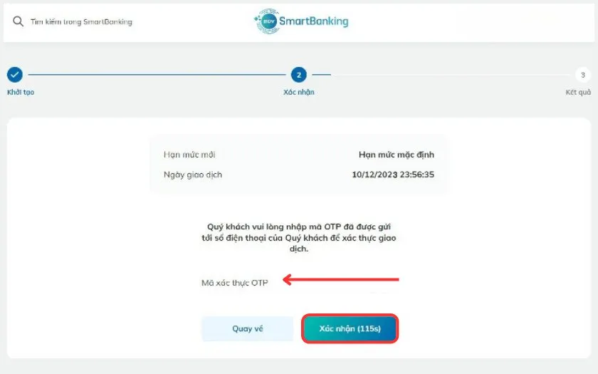 Nhập mã xác thực OTP để xác nhận đổi hạn mức giao dịch