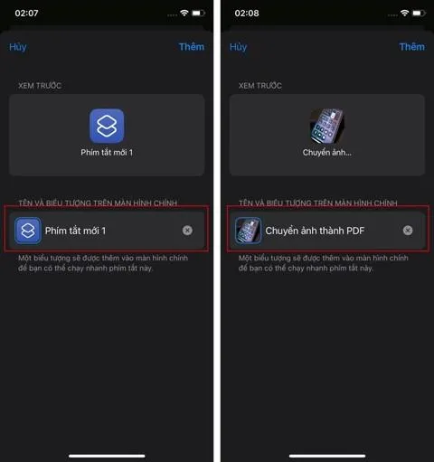 Đặt tên và biểu tượng cho phím tắt nén ảnh thành PDF trên iOS