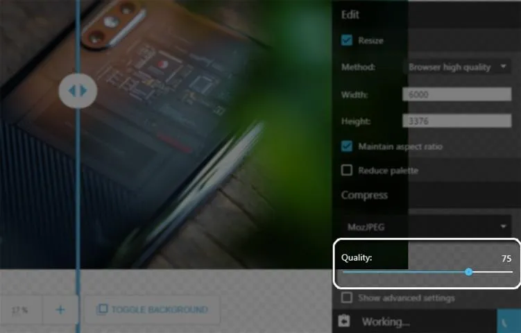 Thanh điều chỉnh Quality trong Squoosh giúp cân bằng chất lượng và giảm kích thước file