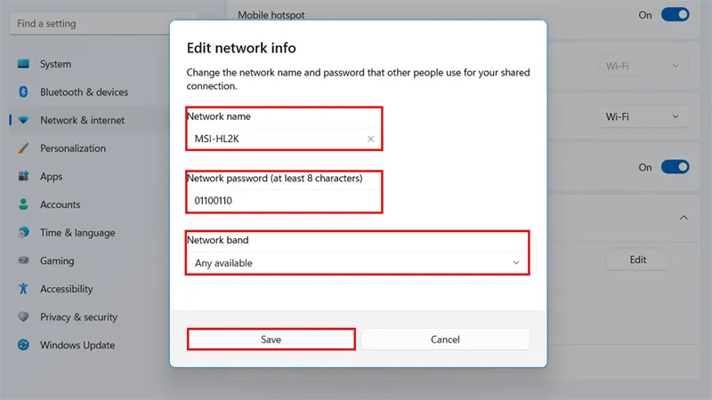 Thiết lập Network Name và Network Password cho điểm phát sóng Mobile Hotspot