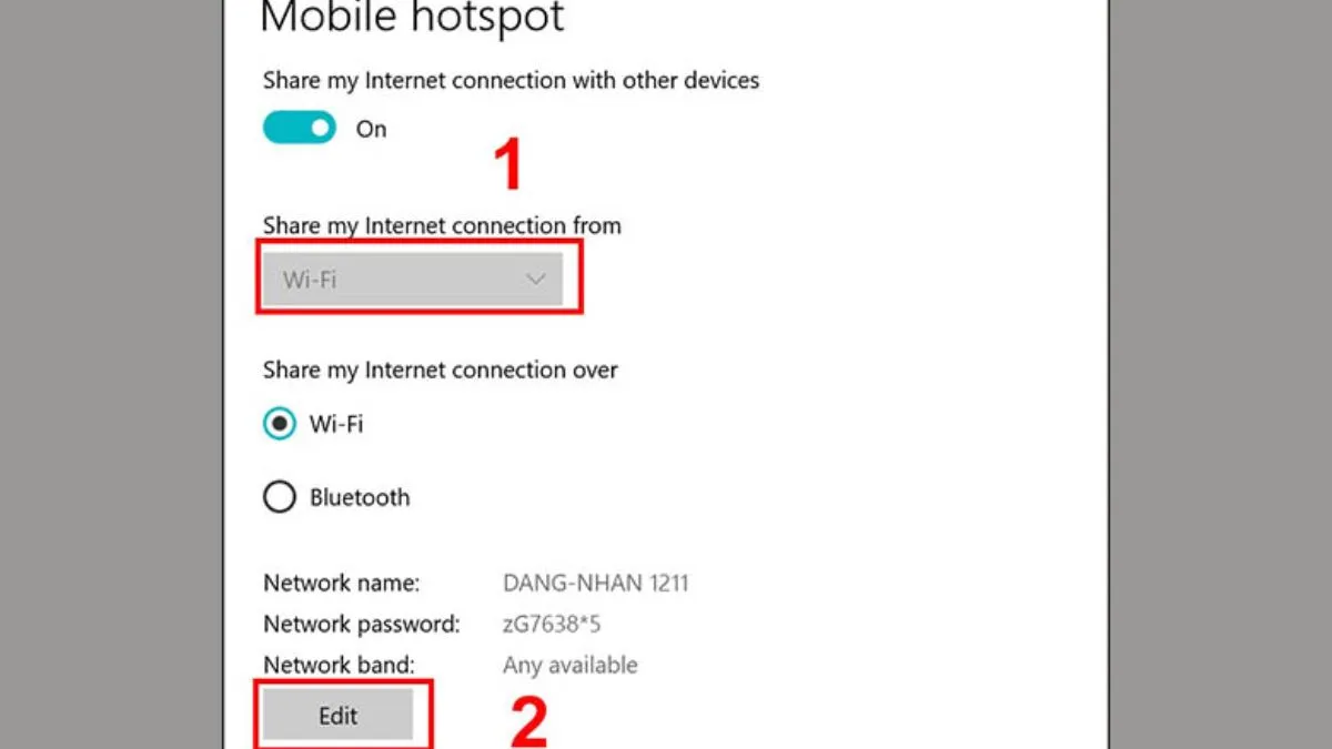 Giao diện Edit để thay đổi tên mạng và mật khẩu Mobile Hotspot trên Windows 10