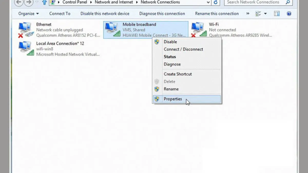 Thiết lập quyền chia sẻ và chọn card mạng ảo trong Properties trên Windows 8