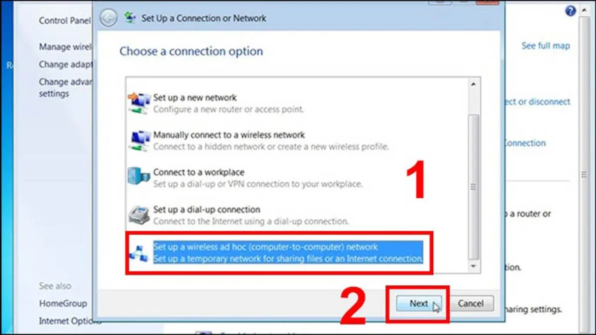 Chọn thiết lập Ad Hoc network trong Set up a new connection or network trên Windows 7