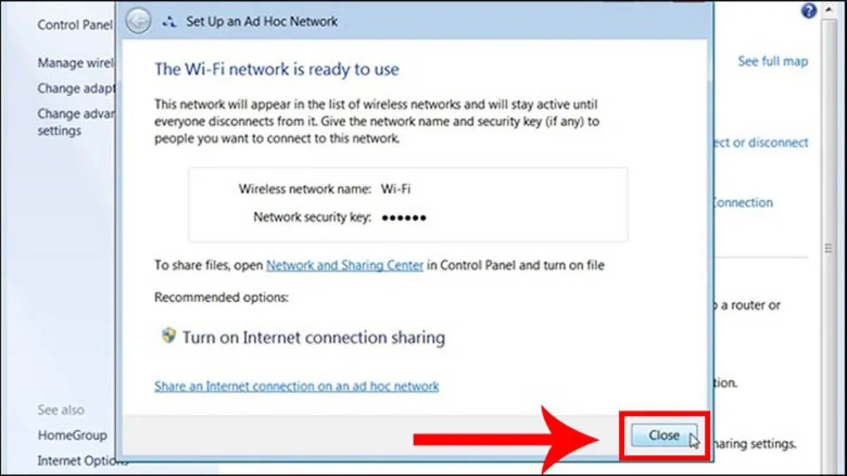 Thiết lập tên mạng, loại bảo mật và mật khẩu cho mạng Ad Hoc trên Windows 7
