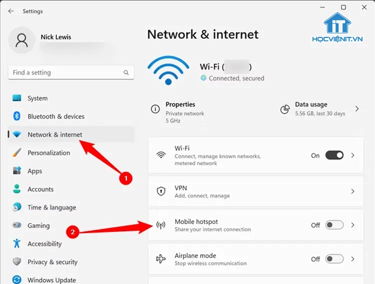 Thiết lập Mobile Hotspot trong Settings của Windows 11 để phát Wifi từ máy tính pc