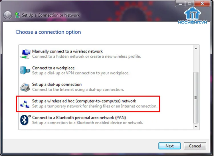 Chọn Setup a wireless ad hoc để cấu hình mạng wifi phát từ máy tính PC Windows 7