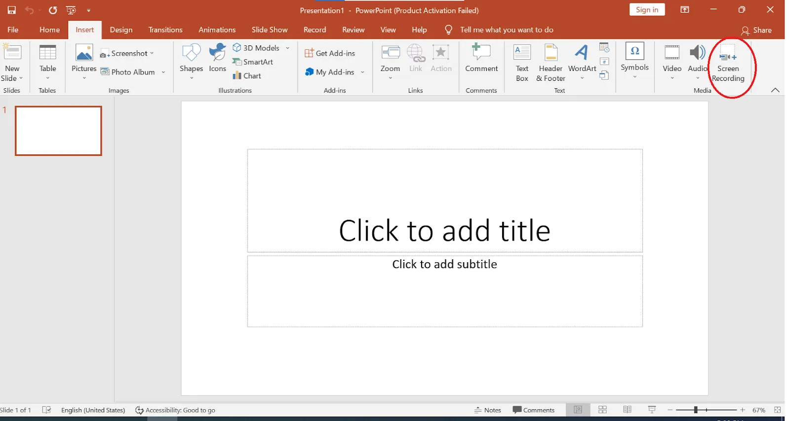 Chọn chức năng Screen Recording trong tab Insert của PowerPoint để quay màn hình