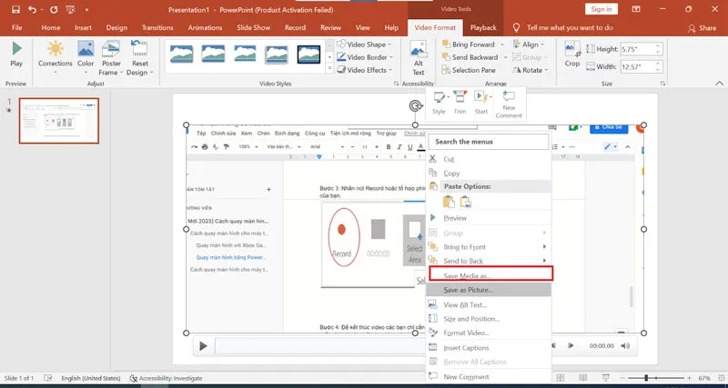 Lưu video ghi màn hình dưới định dạng MP4 bằng chức năng Save Media As trong PowerPoint