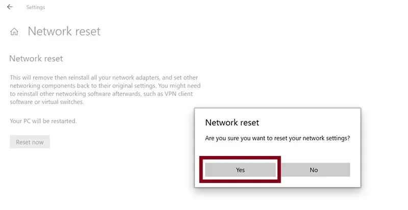 Xác nhận Reset cài đặt mạng trên Windows 11 bằng cách nhấn nút Reset now