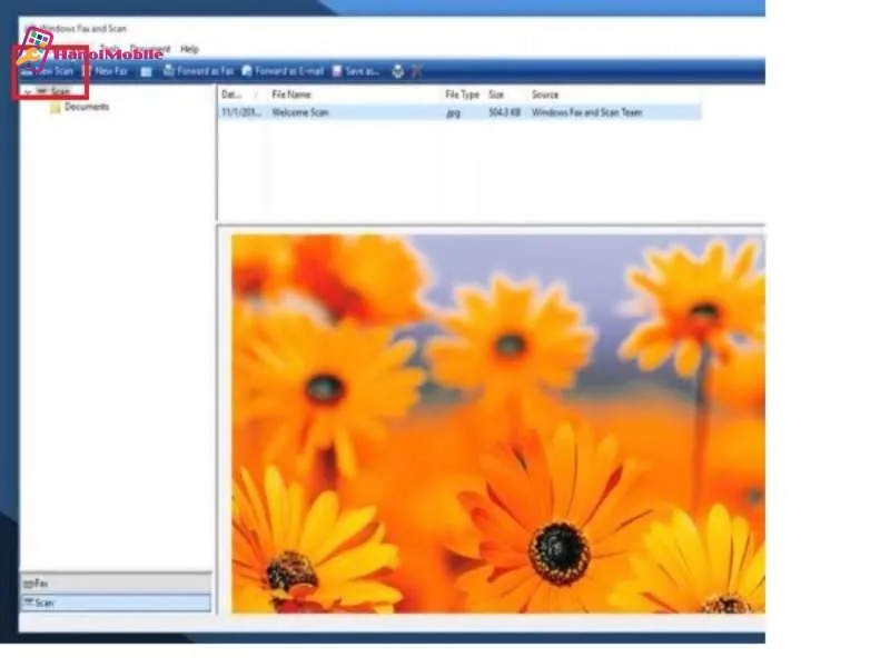 Cửa sổ Windows Fax and Scan để thực hiện new scan ảnh