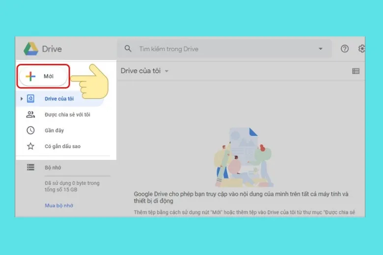 Thao tác chọn Mới để bắt đầu tải tệp lên Google Drive khi sử dụng máy tính