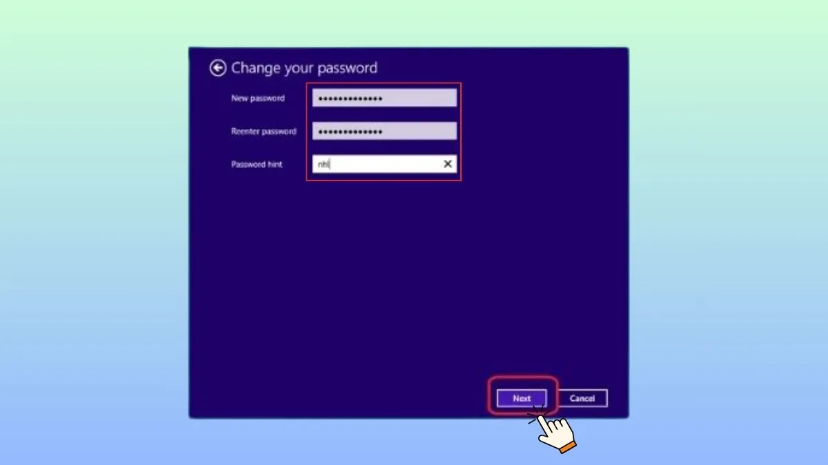 Giao diện tạo mật khẩu mới và gợi ý mật khẩu (Password hint)