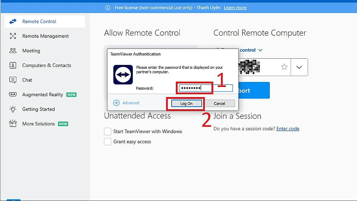 Nhập mật khẩu để truy cập phiên làm việc từ xa, bước quan trọng trong cách sử dụng teamviewer trên máy tính