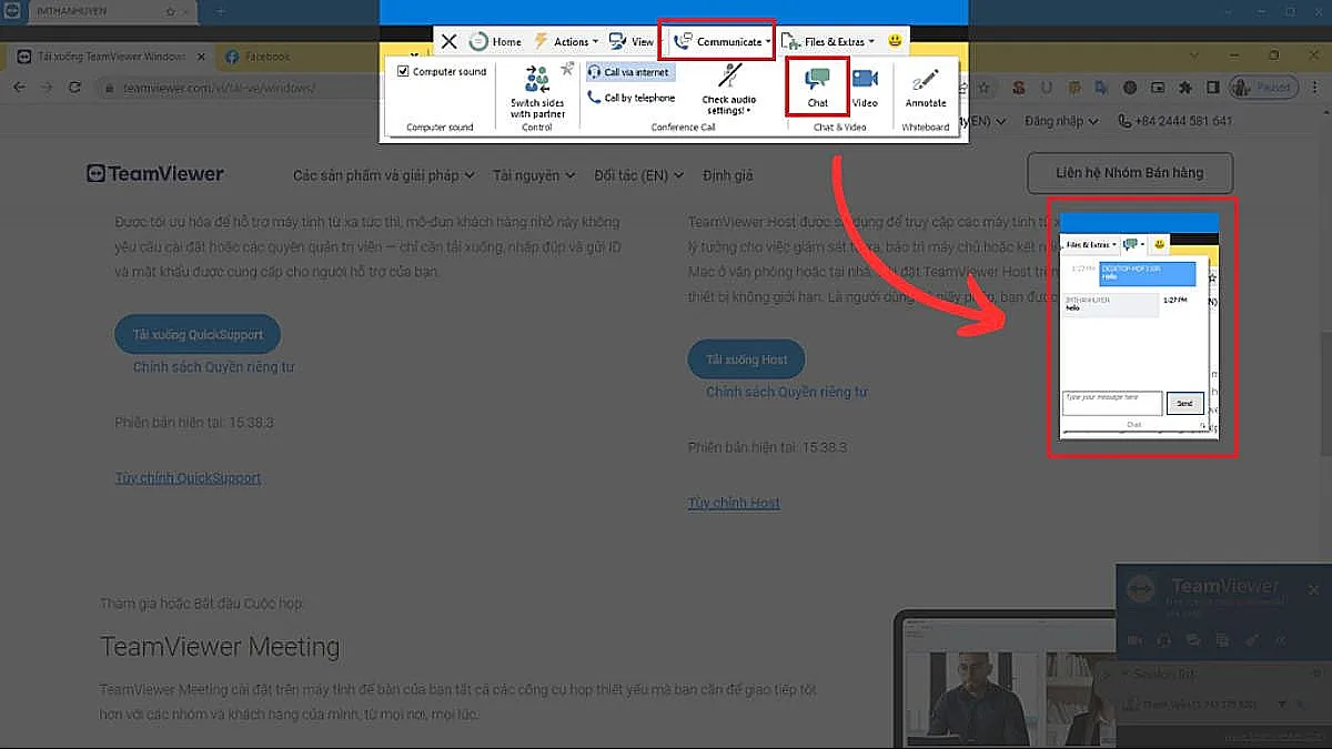 Giao diện sử dụng tính năng giao tiếp (chat và gọi thoại) trong TeamViewer để trao đổi với đối tác