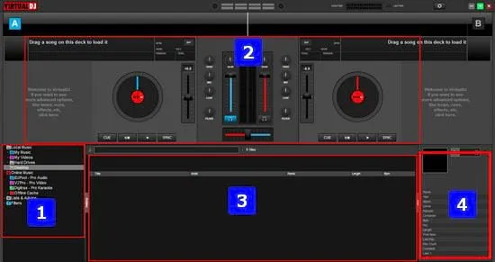 Các khu vực chính trên giao diện phần mềm VirtualDJ, bao gồm khu vực quản lý file và deck mix nhạc