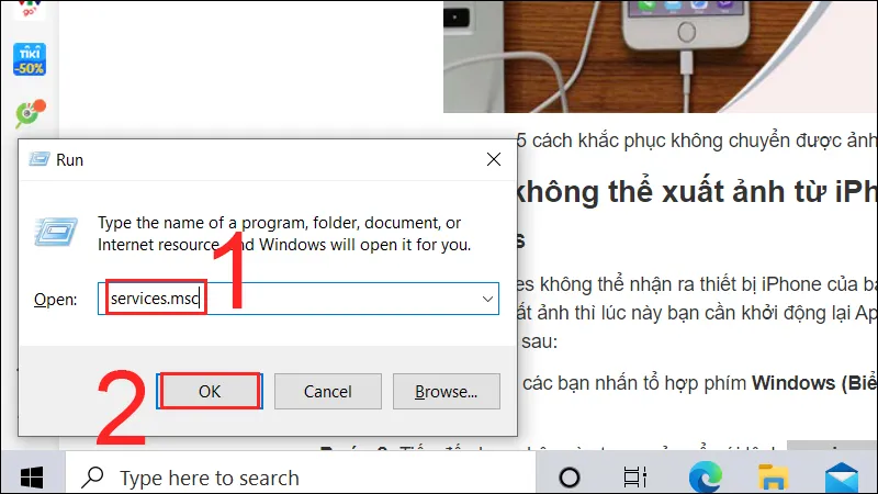 Cửa sổ Run lệnh services.msc để truy cập Apple Mobile Device Service, khắc phục lỗi kết nối khi copy ảnh từ iPhone vào máy tính.