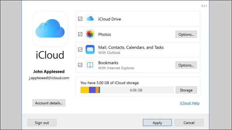 Màn hình đăng nhập dịch vụ lưu trữ đám mây iCloud cho Windows, một cách copy ảnh từ iPhone vào máy tính không cần cáp.