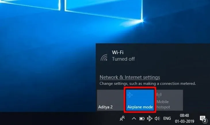 Tắt chế độ Airplane Mode trong cài đặt để khắc phục máy tính không bắt được wifi