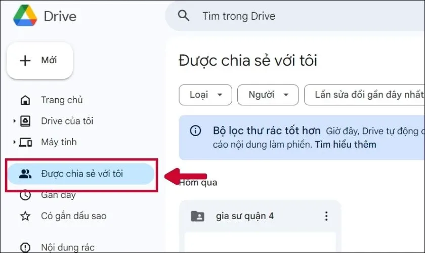 Chọn mục Được chia sẻ với tôi trong Google Drive trên máy tính