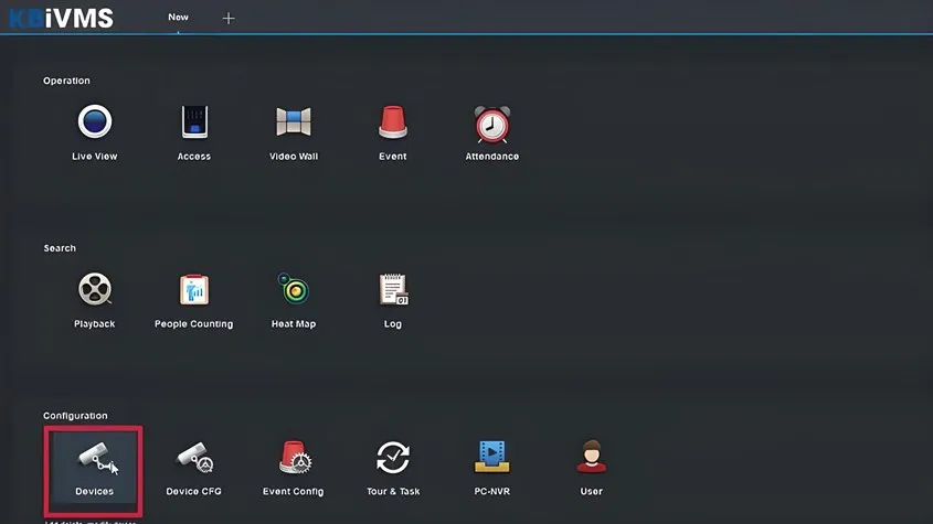Tại giao diện New trong KBIVMS, chọn Devices