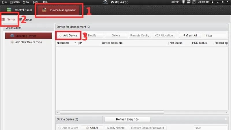 Chọn Add device để thêm camera vào IVMS 4200